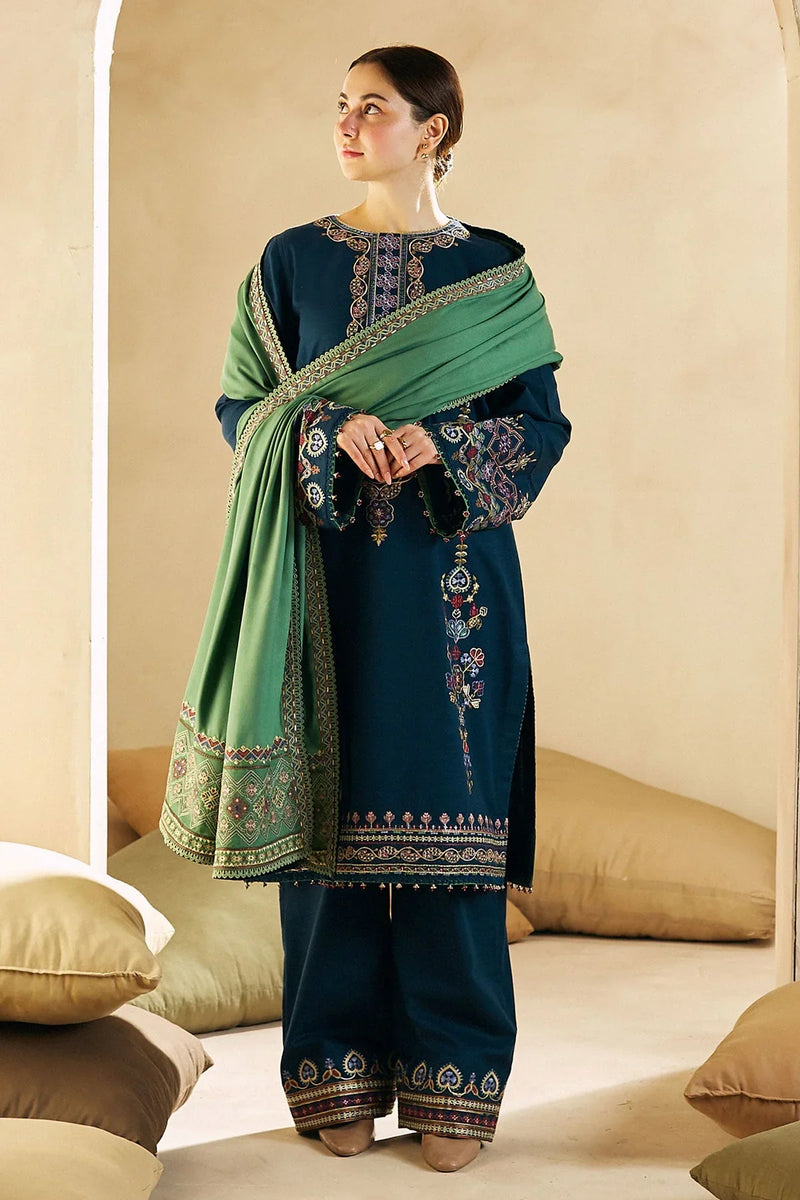 HC590-WINTER 3-Pc Embroidered Dhanak Suit with Heavy Embroidered Dhanak Shawll