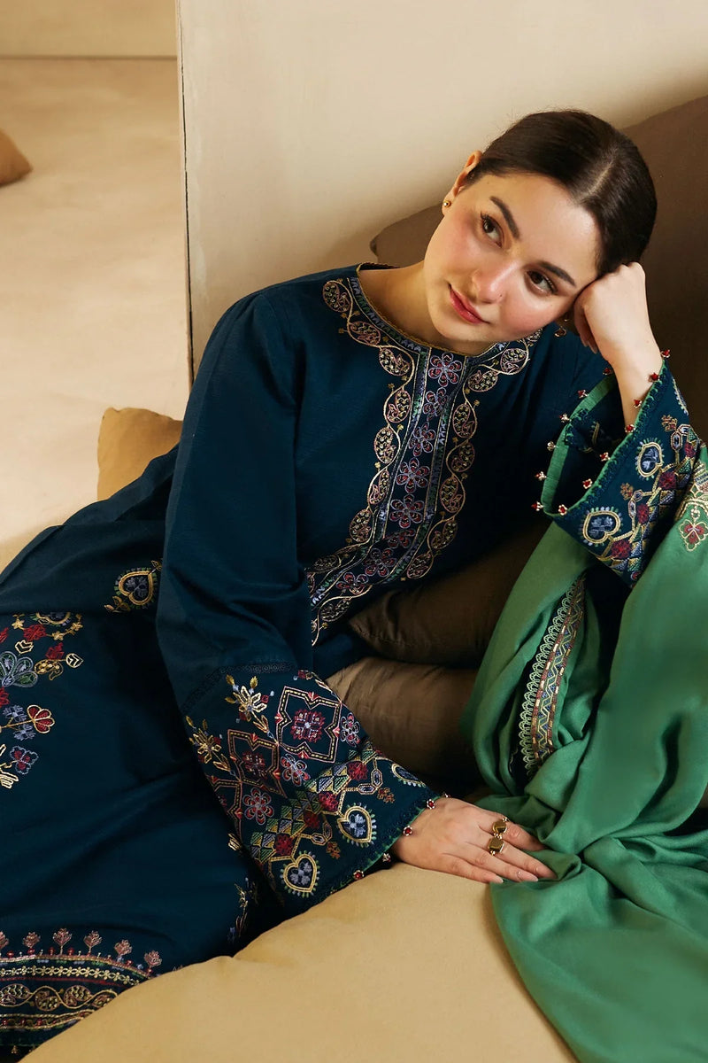 HC590-WINTER 3-Pc Embroidered Dhanak Suit with Heavy Embroidered Dhanak Shawll