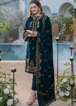 HC404-Embroidered Velvet Three piece With Velvet Shawl Winter Collection