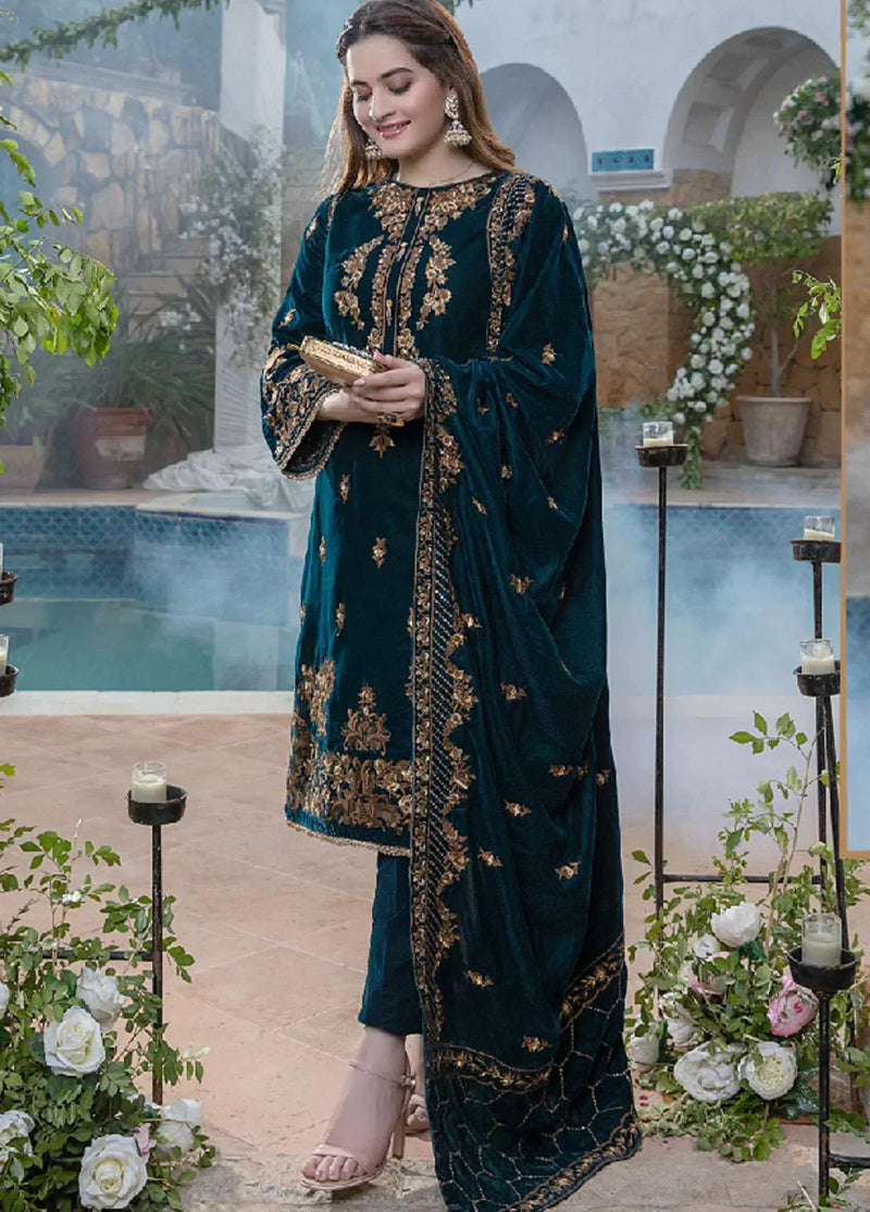 HC404-Embroidered Velvet Three piece With Velvet Shawl Winter Collection
