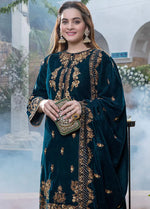 HC404-Embroidered Velvet Three piece With Velvet Shawl Winter Collection