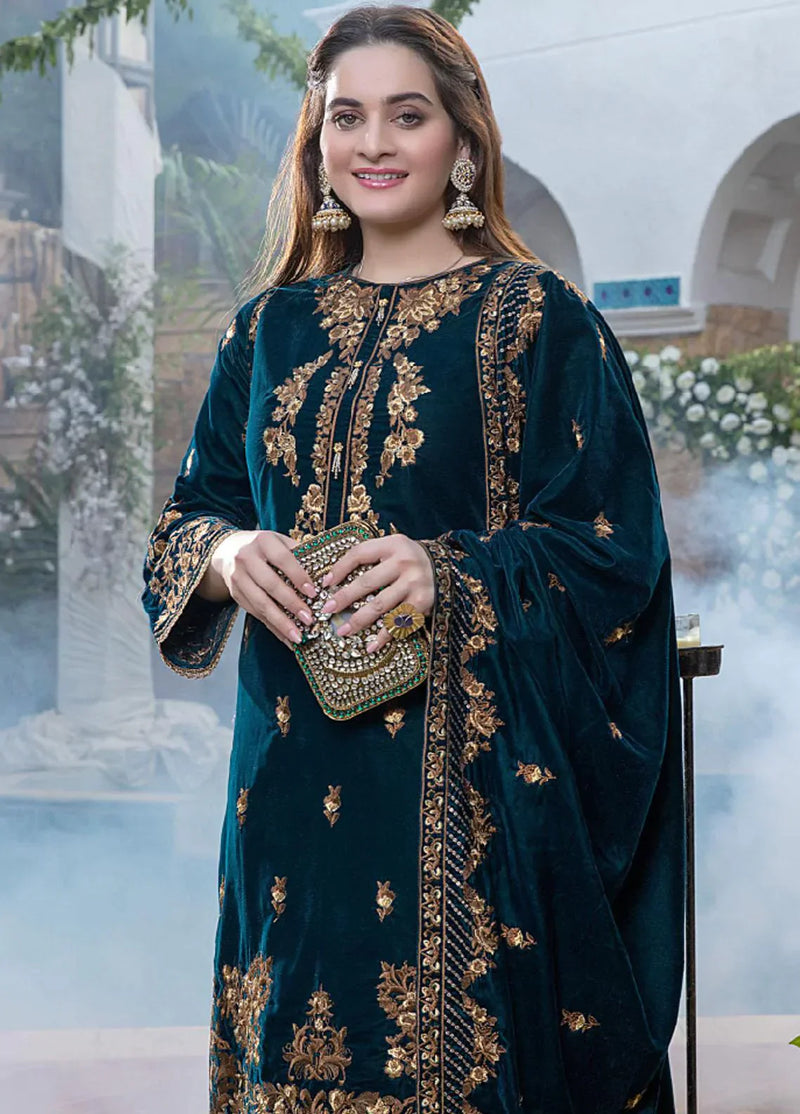 HC404-Embroidered Velvet Three piece With Velvet Shawl Winter Collection