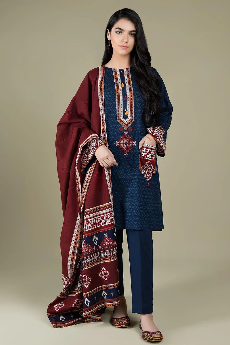 HC522-WINTER  3PC Linen Embroidered suit with Embroidered Shawll