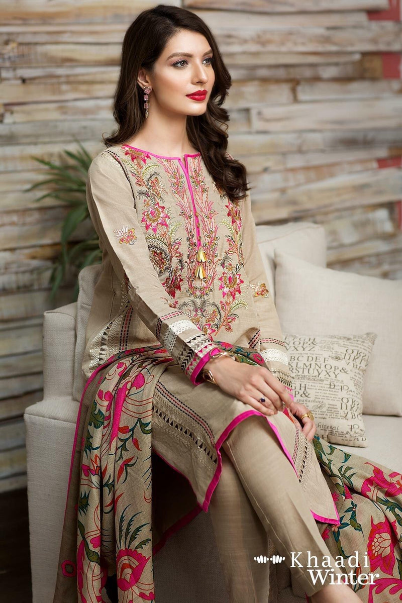 HC530-WINTER 3PC Khaddar Embroidered Suit with Printed Wool Shawll