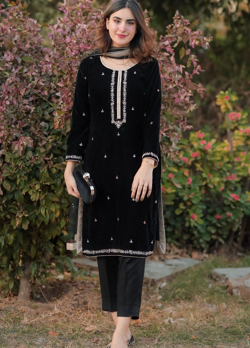 HC518-Velvet Embroidered Dress With Organza embroidered Dopata