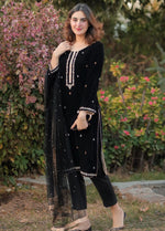 HC518-Velvet Embroidered Dress With Organza embroidered Dopata